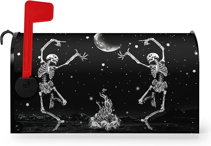 Halloween Skull Mailbox Cover Dancing Human Skeleton Mailbox Covers Magnetic Standard Size 21x18 Inch Moon Black Post Letter Box Wraps for Garden Outdoor Decorations
