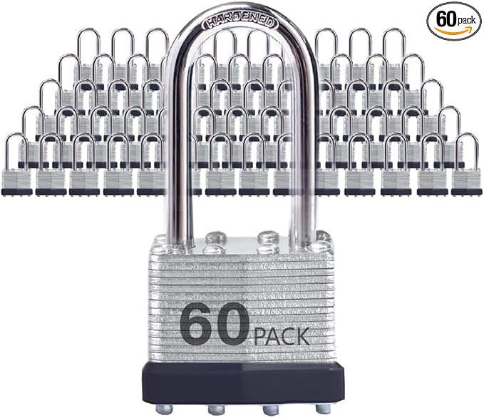 Keyed Alike Laminated Steel Padlocks with Long Shackle for Sheds, Fences & Lockers (60-Pack)