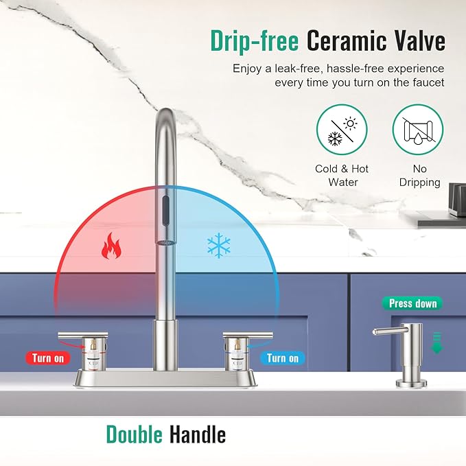 CREA 4 Holes Kitchen Faucets with Pull Down Sprayer and Soap Dispenser,Two Handles 8-Inch Bar Sink Faucet for RV Laundry Camper Utility Sink Brushed Nickel Stainless Steel
