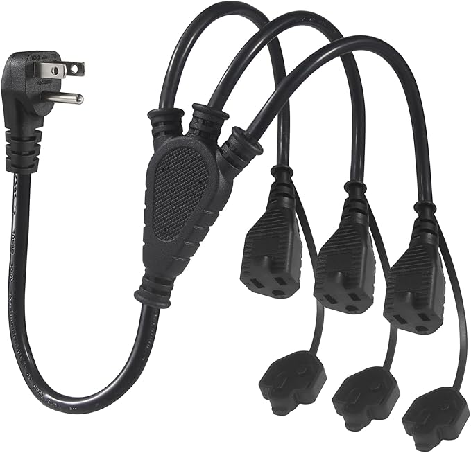 KUNCAN Outdoor 3-Outlet Power Splitter, 90-Degree Flat Plug 1 to 3 Way Outlet Adapter 1.5FT SJTW 16AWG 3-Prong Power Cord Extension Strip with Outlet Cover for Holiday Decoration String Light(1-Pack)
