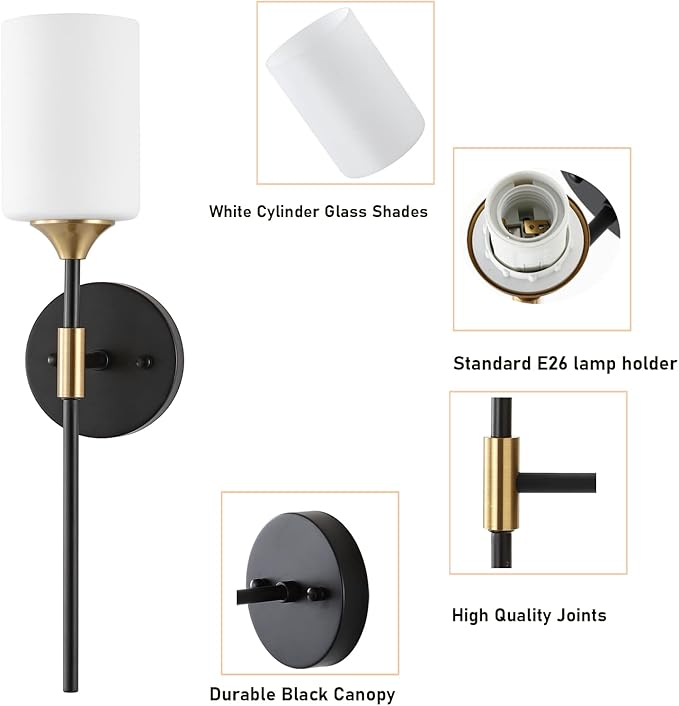 Industrial Mid Century Wall Sconce Set of 2 with White Cylinder Glass Shades Modern Bathroom Vanity Wall Lamp Black and Gold Finished Wall Light Fixture