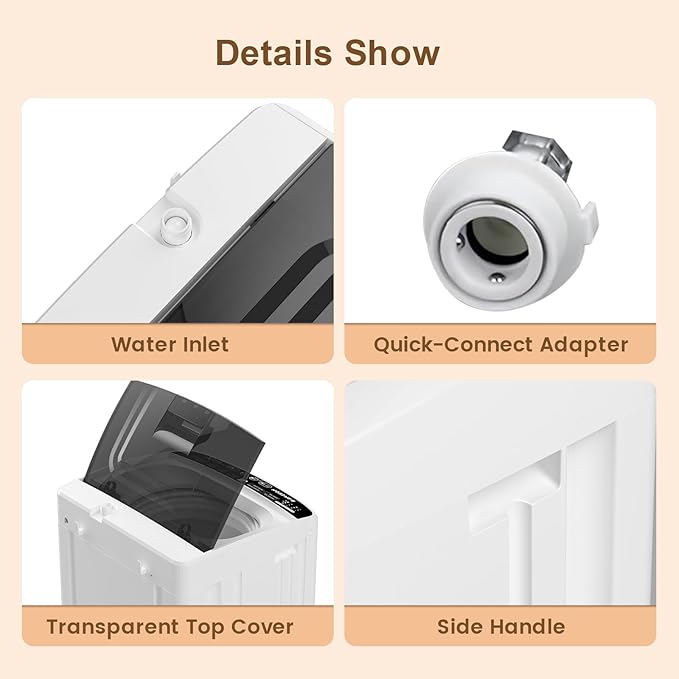 BANGSON 1.08cu.ft Portable Washing Machine, Full-Automatic Washing Machine with 8 Programs 6 Water Levels, Drain Pump and LED Display, Compact Washer for Apartments, RVs, Homes, White