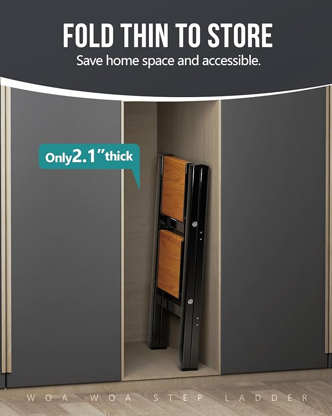 WOA WOA Step Ladder, Widening Pedals for Extra Balance, Lightweight Step Stool, Easy to Move Around, Foldable Ladder, Space Saving, Anti-Slip Stepladder 300 lbs Capacity (2 Step, Black & Wood Grain)