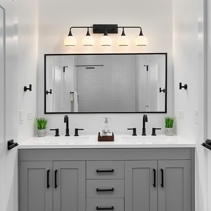 Black Bathroom Light Fixtures 5-Lights Vanity Lights with Milky White Frosted Glass Shade Bathroom Vanity Light 39.2 inch Wall Sconce Lighting Bath(Exclude E26 Bulb)