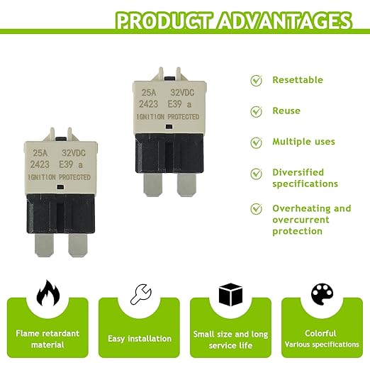 25A DC 12V-32V Manual Reset Circuit Breaker ATC/ATO Low Profile T3 Mini Blade Fuses Breakers for Car Trucks Marine Boat RV Solar and More,2 Pack