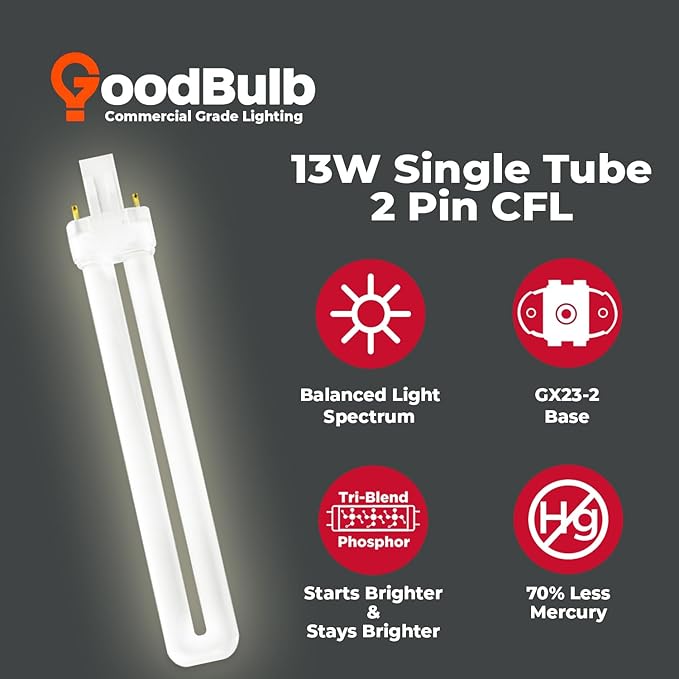 GoodBulb 13 Watt CFL Light Bulbs 2 Pin GX23 Base 3500K Neutral White 13W High Output 800 Lumens Single Tube Compact Fluorescent Light Bulbs Plug-in 10 Pack