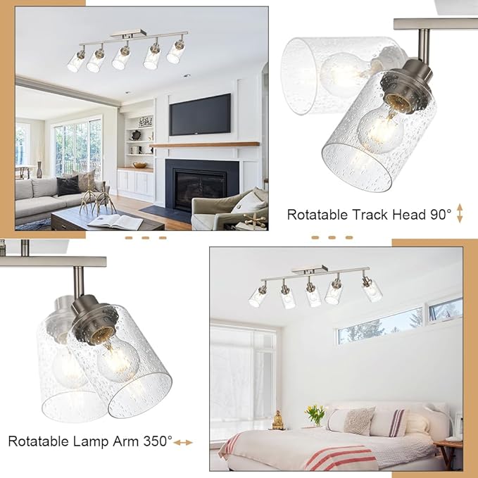 5-Light Track Lighting Kit, Bathroom Vanity Light Ceiling Spotlight in Brushed Nickel for Kitchen Shop, Seeded Glass Shades