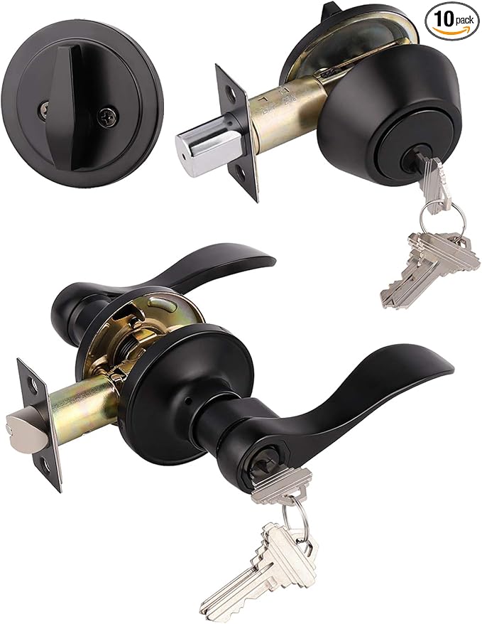 Gobrico 10 Sets Black Entry Levers and Single Cylinder Deadbolt Locksets with Same Key,Keyed Alike Entrance Locks,Drop/Wave Lever Style