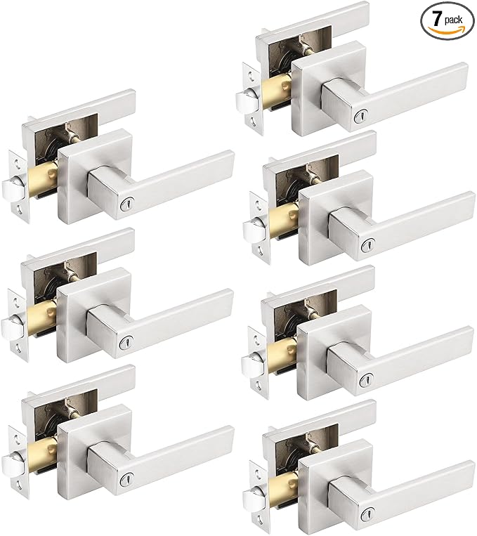 Gobrico Square Rosette Privacy Door Lever,Satin Nickel Finish,Interior Door Lock for Bed/Bath,7Pack