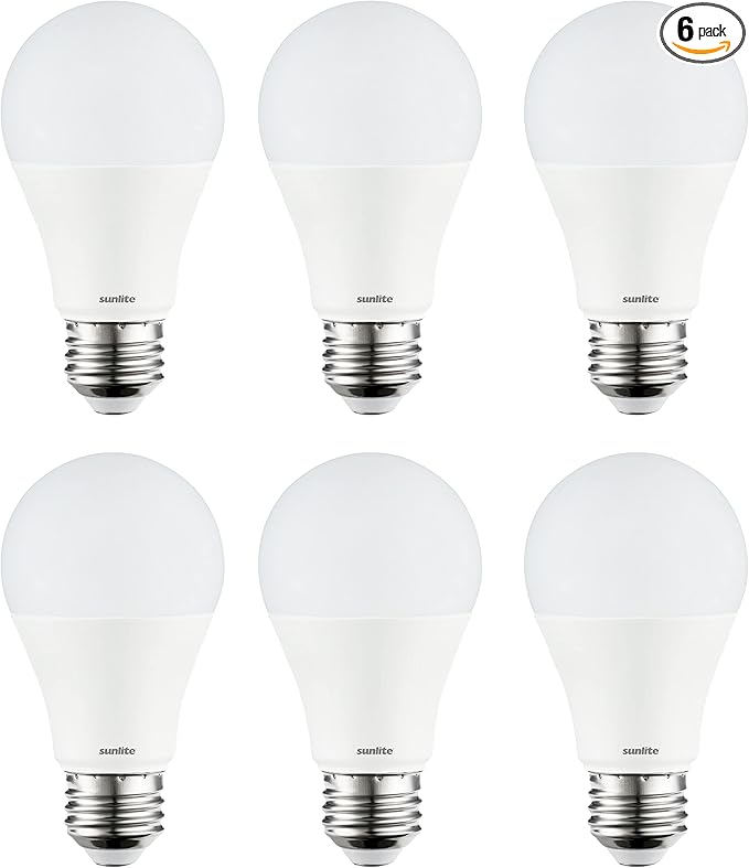 Sunlite 40419 3-Way LED A19 Light Bulb, 5/9/15 Watts (40W 60W 100W Equivalent), 500-1000-1600 Lumens, Medium E26 Base, Omni-Directional, ETL Listed, Frost, 3000K Warm White, 6 Count