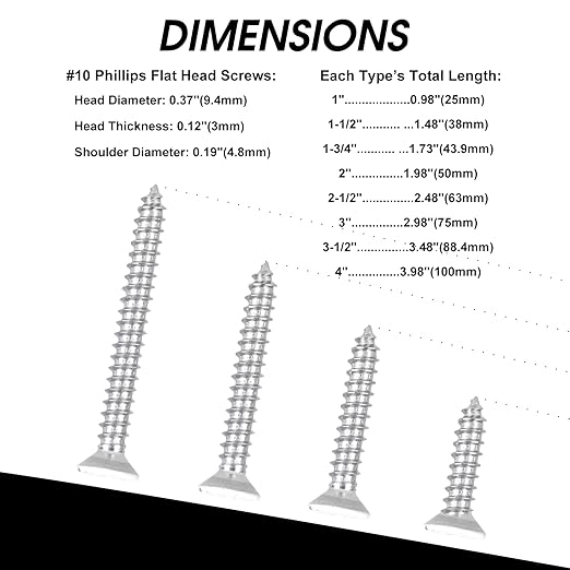 25 PCS#10X3-1/2(3.5 inch) Stainless Steel Phillips Flat Head Wood Screws,Stainless Steel 18-8 A2(304) Screw,Home Screw Kit by QISHENG