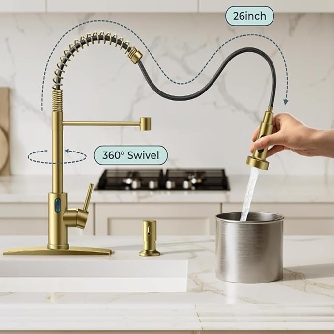 Touch-Less Kitchen Faucet, 3 Modes Pull Down Sprayer, LED Temperature Control,Sensor Activated,Ceramic Valve, 360-Degree Rotation, 1 or 3 Hole Deck Plate. 10-Year Warranty. (KW-79J, Gold)