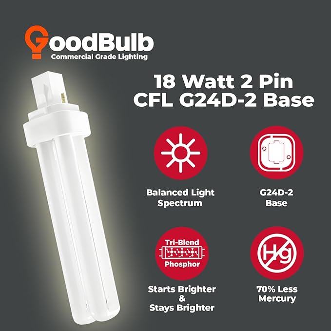GoodBulb 18 Watt CFL Light Bulbs 2 Pin G24D-2 Base 3500K Neutral White 18W High Output 1200 Lumens Double Tube Compact Fluorescent Light Bulbs Plug-in 10 Pack