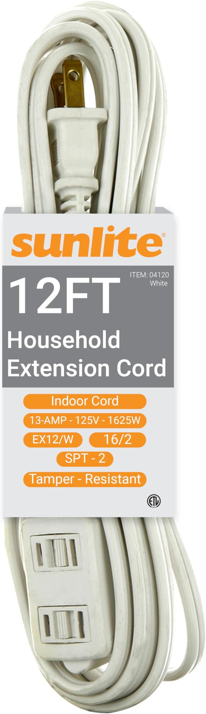 Sunlite 04120-SU 12-Foot Household Extension Cord, Three 2-Prong Polarized Sockets, Tamper Guards, Indoor Use, For Small Appliances, Electronics, Lamps, Fans, Mobile Devices, UL Listed, White