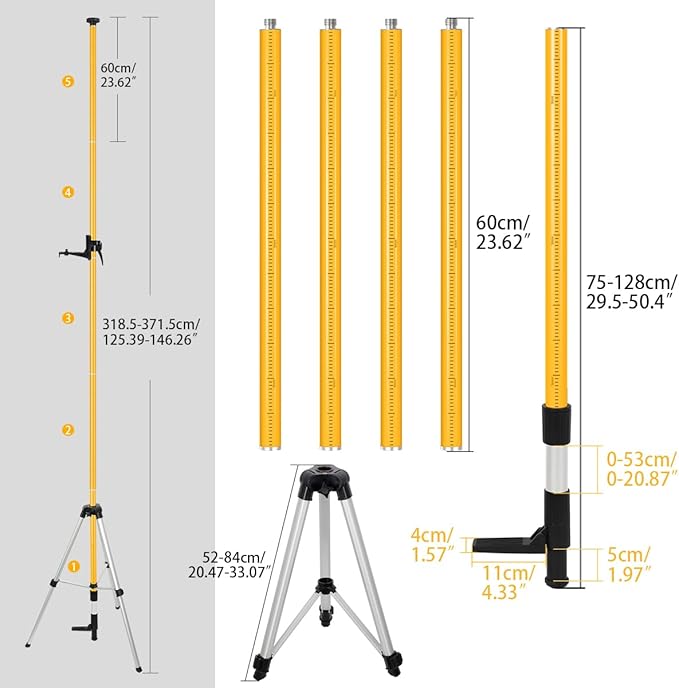 12Ft/3.7M Professional Laser Level Pole with Tripod & Mount - 1/4" & 5/8" Adapters, Adjustable Telescoping Laser Level Pole for Rotary/Line Lasers