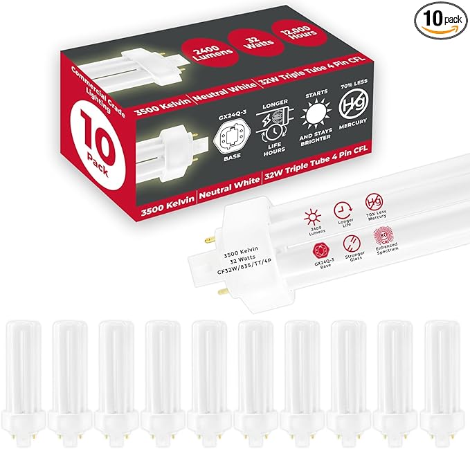 GoodBulb 32 Watt CFL Light Bulbs 4 Pin GX24Q-3 Base 3500K Neutral White 32W High Output 2400 Lumens Triple Tube Compact Fluorescent Light Bulbs Plug-in 10 Pack