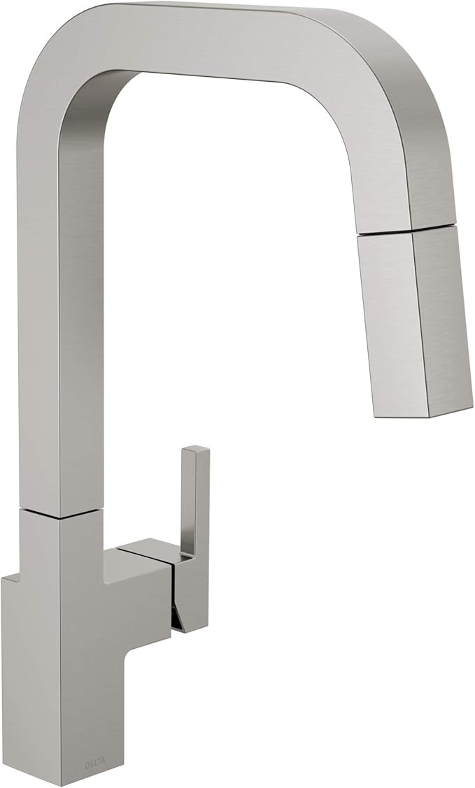 Delta Junction Brushed Nickel Kitchen Faucet with Pull Down Sprayer, Modern Single Hole Kitchen Sink Faucet, Single Handle, Spotshield Stainless 19825LF-SP