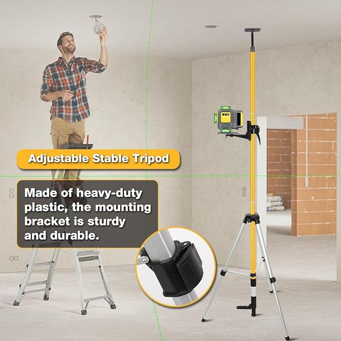 MOETER Telescoping Laser Level Pole Kit - 12Ft./3.6M Adjustable Pole with Tripod, Spring-Loaded Base & Mount for Rotary/Line Lasers (1/4"-20 & 5/8"-11 Adapters)