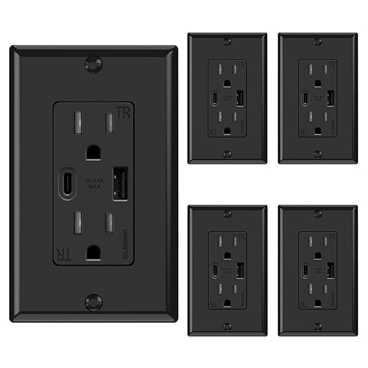 ELEGRP USB Wall Outlets, 15 Amp USB C Wall Outlets Receptacles, Outlets with USB A and C Ports, Tamper Resistant Receptacle, Wall Plate Included, UL Listed, 5 Pack, Black