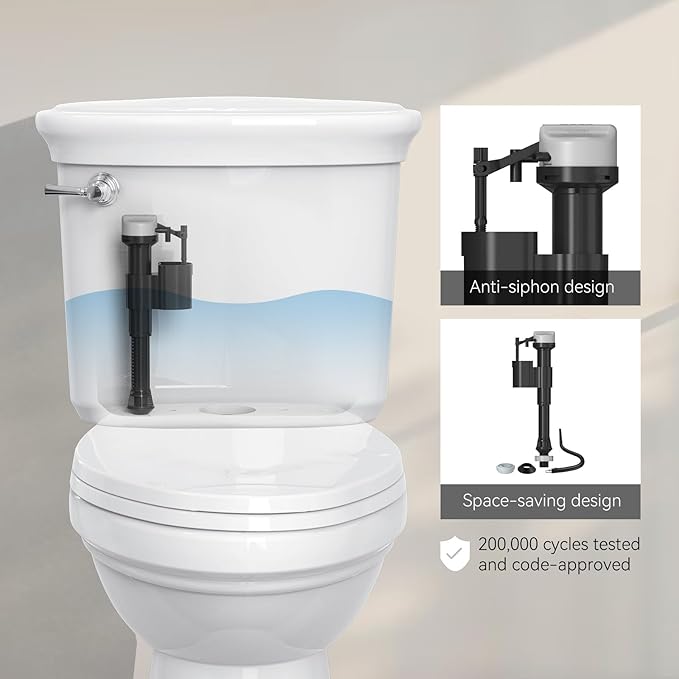 R&T A1250L Toilet Fill Valve Toilet Tank Parts Replacement Universal Toilet Repair Kit Inside Tank Quiet Fill Anti-Siphon