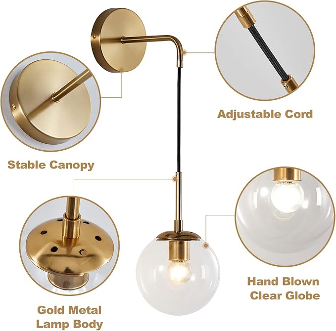 KCO Modern Glass Globe Wall Sconce Set of Two Minimalist Gold Wall Light Fixture with Adjustable Cord Brass Round Glass Wall Mounted Reading Lamp (Clear-2PC)