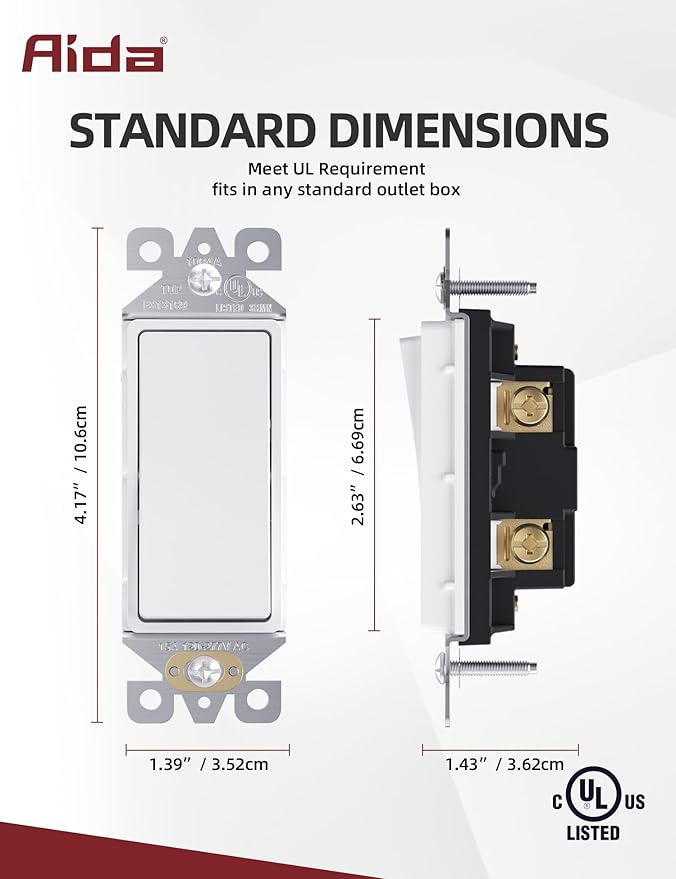 AIDA Matte White Single Pole Decorator Light Switch, 15Amp, 120/277V, Decorative Paddle Rocker Switch Replacement, Electrical Wall Switch,Residential/Commercial Grade, UL/CUL (10 Pack)