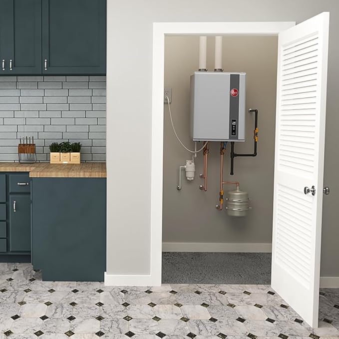 Rheem Liquid Propane Condensing Tankless Water Heater Indoor Up To 9 GPM, 180,000 BTUs Continuous Super High Efficient Hot Water
