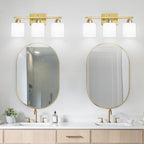 3 Light Gold Bathroom Light Fixtures, Modern Bathroom Vanity Lights with Milky White Frosted Glass Shades, Gold Vanity Mirror with Lights for Mirror Living Room E26 Base