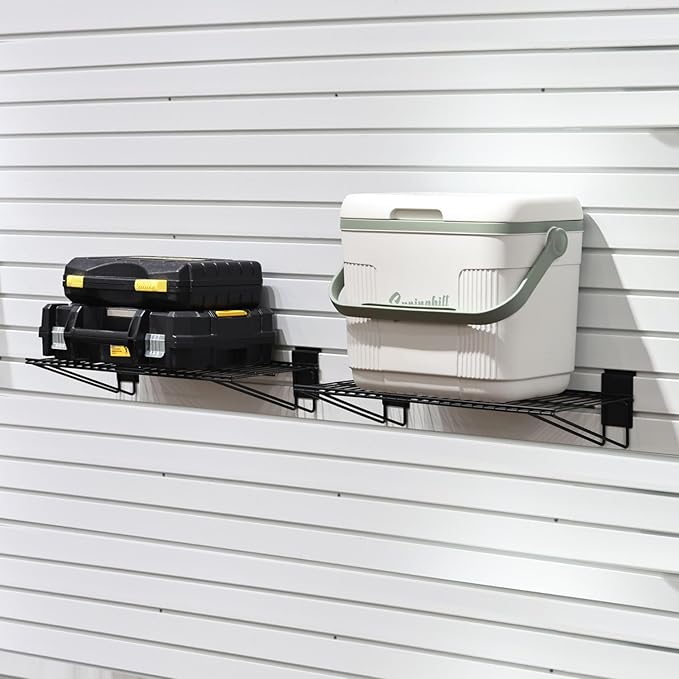 Slatwall Shelves, 24" x 11.4" Heavy Duty Metal Tool Storage Slat Wall Accessories Shelf Mesh Storage Rack for Garage, Workshop, Basement and Kitchen, Max Load 50 lbs (Black,2 Pack)