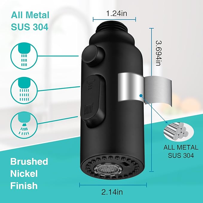 Stainless Steel Kitchen Faucet Head Replacement, Matte Black 3-Function Pull Down Spray Head for Pull-out Kitchen Faucet, High Pressure Sink Spray Nozzle with 9 Adapters Compatible with Most Faucets