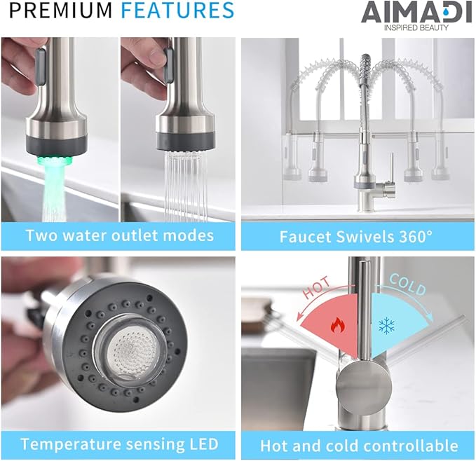 AIMADI Modern Kitchen Faucet Pull Down Sprayer,Stainless Steel Single Handle Kitchen Sink Faucet with LED Light,Brushed Nickel