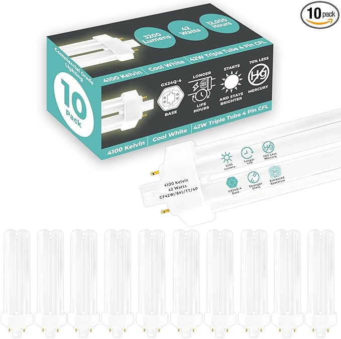 GoodBulb 42 Watt CFL Light Bulbs 4 Pin GX24Q-4 Base 4100K Cool White 42W High Output 3200 Lumens Triple Tube Compact Fluorescent Light Bulbs Plug-in 10 Pack
