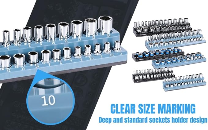 Magnetic Socket Organizer - 6-Piece Tool Storage for SAE & Metric Drive Sockets - Clear Size Markings, Deep Slots, Powerful Magnet - Holds 143 Pieces - (Sockets Not Included)