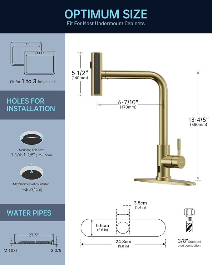 APPASO Gold Touchless Kitchen Faucet with Pull Down Sprayer, Waterfall Motion Sensor Kitchen Sink Faucet with SUS304 Stainless Steel Single Handle Hands-Free Brushed Gold