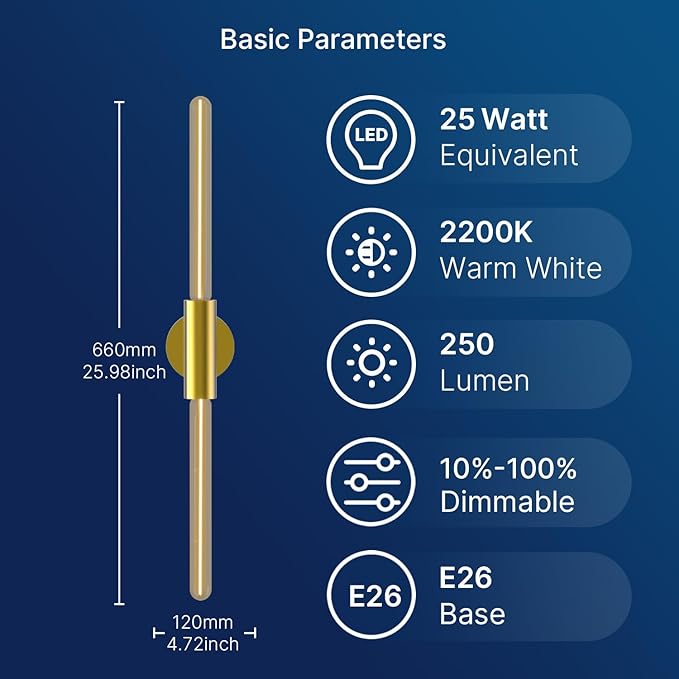 FLSNT 2 Light Modern Brushed Gold Wall Sconce with E26 Sockets, Includes 4W Dimmable Gold-Tinted T30 Bulbs, 2200K Warm Amber Glow, 90CRI, Steel Construction, Vintage Wall Light for Living Room