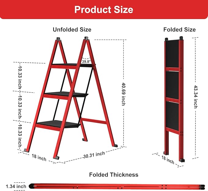 3 Step Ladder,Aluminum Ultra Thin Folding Step Stool,400 Lbs Capacity Heavy Duty with Anti-Slip Sturdy and Wide Tread,Closet Slim Step for Home,Kitchen and Office,Space Saving (Red, 3-Step)