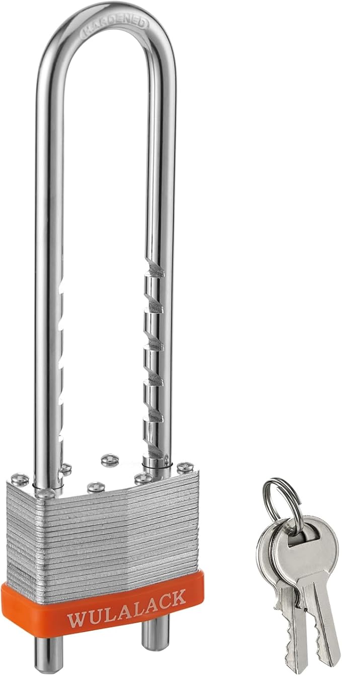 Padlock with Key, WULALACK 2 inch Wide Heavy Duty Laminated Steel Keyed Padlock with Adjustable Shackle, Long Shackle Pad Lock with 2 Keys