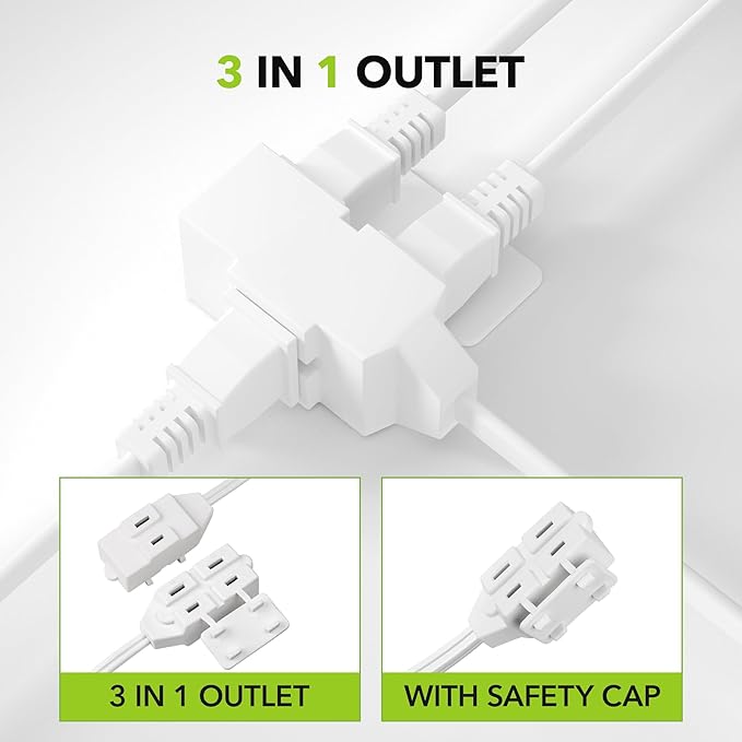 HBN Indoor Extension Cord, 6ft 3 Pack, White, 3 Outlets with Safety Cap Included, 2 Prong Polarized Plug, Perfect for Homes, Offices, and Kitchens