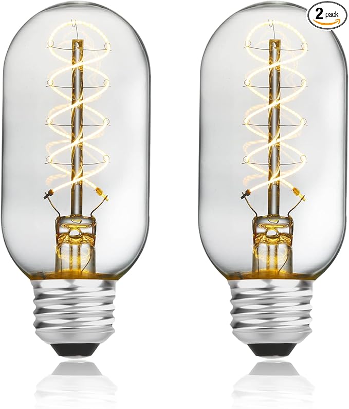 AMDTU Non-dimmable Edison Bulbs 40 Watt 2700K Soft White, Super Thin Spiral Filament Vintage LED Light Bulbs 2 Pack, T45 Incandescent Tubular Bulb 40W Equivalent, Clear Glass 4W 120V E26 Base