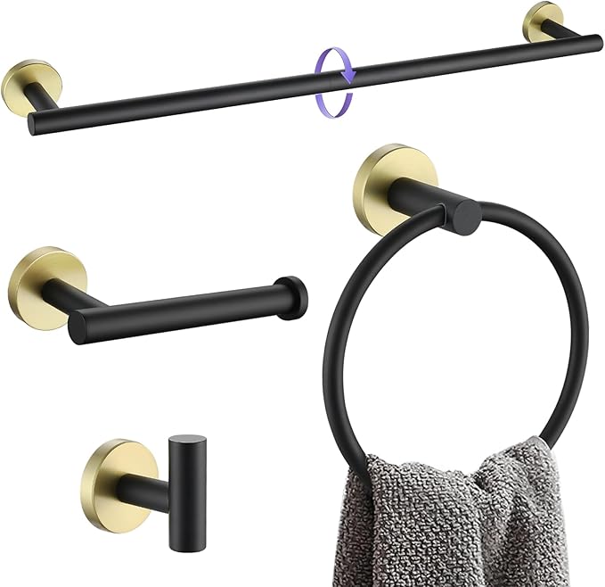 Black and Gold Bathroom Hardware Accessories Set,4 Pieces Towel Bar Set 27.5 Inch Towel Bar,Rack Set for Bathroom SUS304 Stainless Steel Towel Holder Set,Wall Mounted