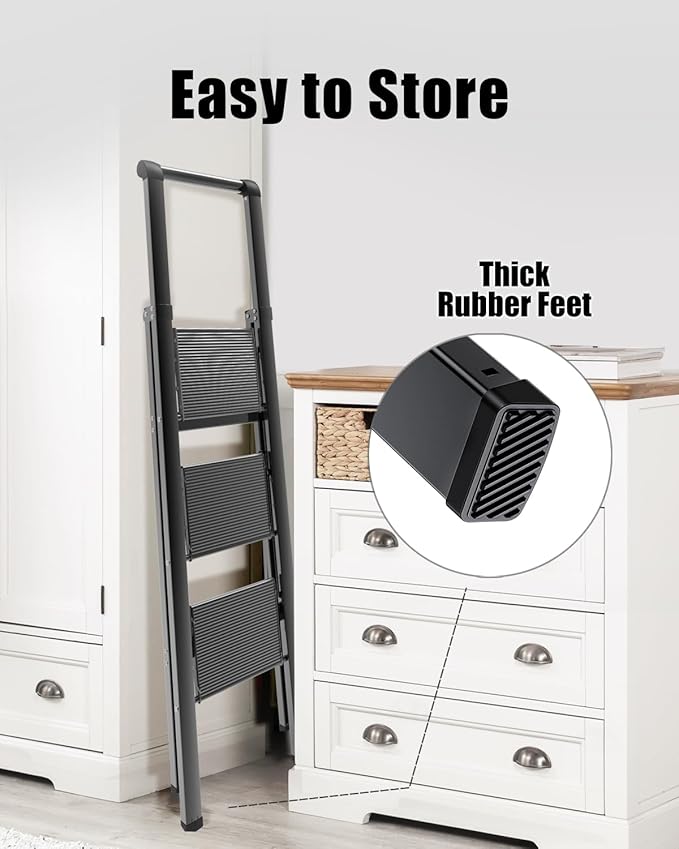 3 Step Ladder, Slim Folding Steps Stool with Handrail, Iron Foldable Black Ladder with Anti-Slip Wide Pedal, for Home, Kitchen, Office, Garage Use (300 lbs Capacity)