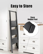 3 Step Ladder, Slim Folding Steps Stool with Handrail, Iron Foldable Black Ladder with Anti-Slip Wide Pedal, for Home, Kitchen, Office, Garage Use (300 lbs Capacity)