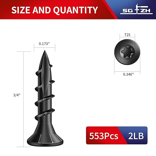 #8 x 3/4" Deck Screws (553Pcs) 2lb. Carbon Steel, Black, Flat Head, Rust Resistant epoxy Coated, with T25 Star Bit