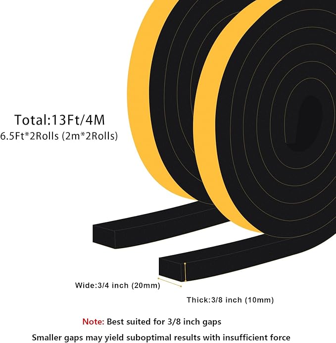 High Density Door Seal, Strong Adhesive Weather Stripping for Doors and Windows, SoundProof Weatherproof Foam Insulation Tape, Windproof, Anti-Scratch Weatherstrip, (3/4 in x 3/8 in x 13Ft)