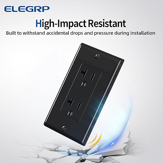 ELEGRP Glossy Black Decorator Electrical Wall Outlet Receptacle, 20A 125V Standard Outlets, 2 Pole 3 Wire, Non-Tamper Resistant, NEMA 5-20R, Self-Grounding, Wall Plate Included, UL Listed, 5 Pack