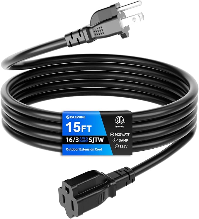 15 FT Outdoor Extension Cord Waterproof, Black, 3-Prong Power Cord, 16 AWG SJTW, 13A 1625W, Grounded, General Purpose Long Extension Cord for Lawn & Garden, ETL Listed