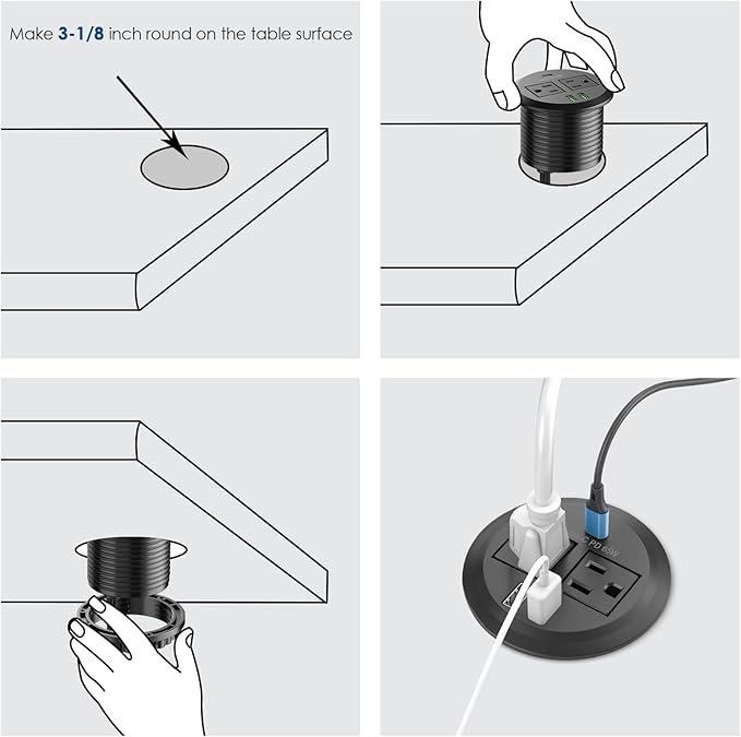 Jgstkcity 3 inch Desktop Power Grommet, Max 65W USB C Charger,2 Outlets, 3 USB Ports, Flush Mount Desk Hole Round Power Outlet, High-Speed Charging Station, Recessed Power Strip,6ft Cord Flat Plug