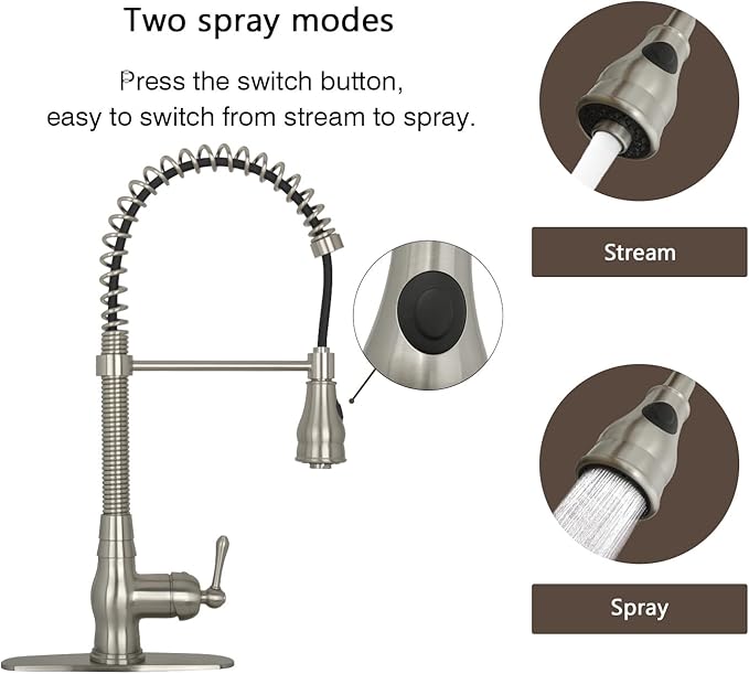 Akicon Pre-Rinse Spring Kitchen Faucet, Single Handle Solid Brass High Arc Pull Down Sprayer Head Kitchen Sink Faucet with Deck Plate