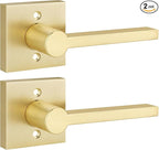 EHOMEWARE 2 Pack Satin Brass Dummy Door Handle, Interior Door Lever for Pull or Push Only, Heavy Duty Single Sided Door Handles for French or Closet Doors