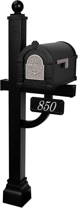 Gaines - Keystone Deluxe Post and Mailbox Package with Personalized Address Plaque and Decorative Cuff (Black with Satin Nickel Eagle)